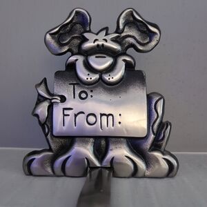 Vintage Cast Iron Silver Dog To/From Christmas  Stocking Hanger